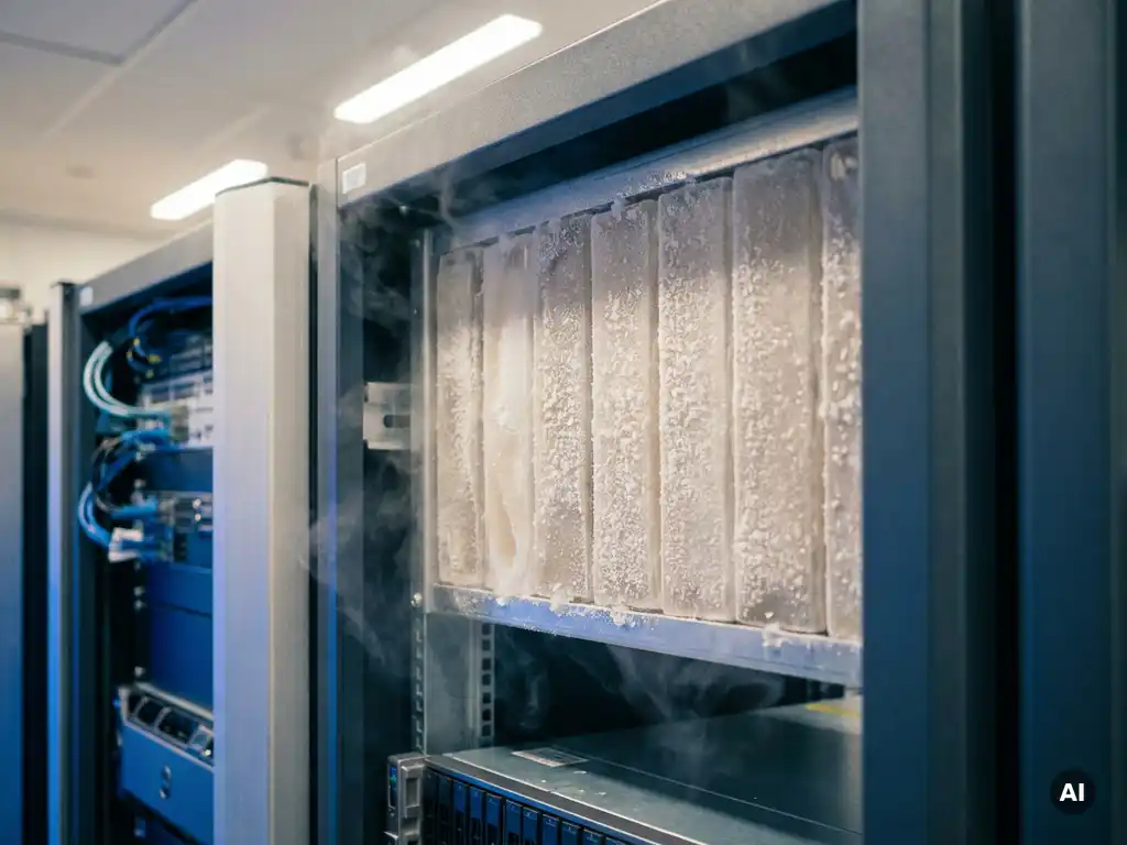 Kristallijne zouthydraatpanelen met vorstcondensatie in een industriële serverruimtekast, koele luchtcirculatie zichtbaar.