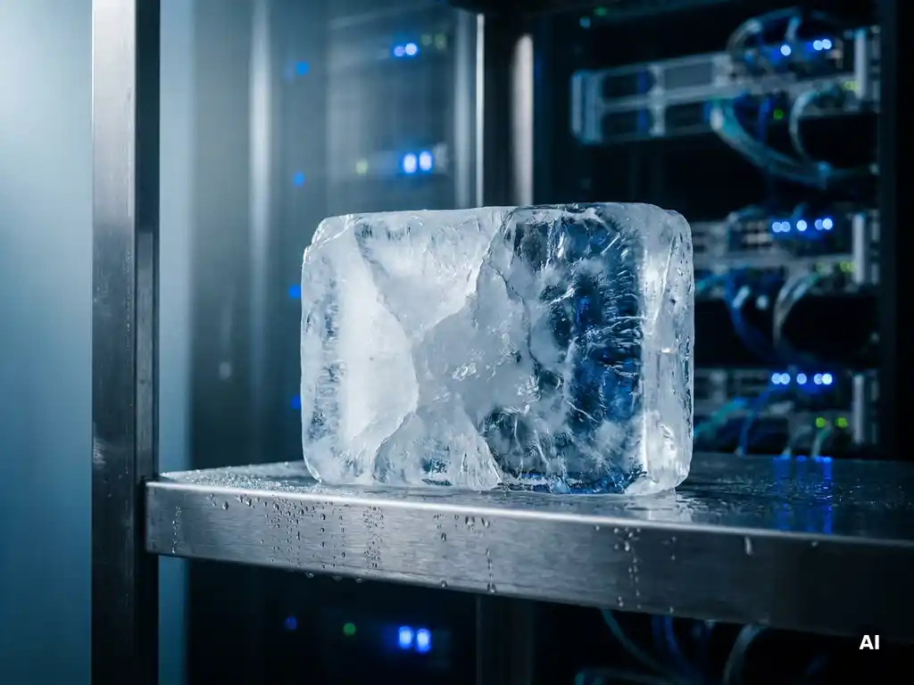 Transparant zouthydraat PCM-materiaal met condensatiedruppels op een metalen plank in een serverruimte met blauwe achtergrondverlichting.