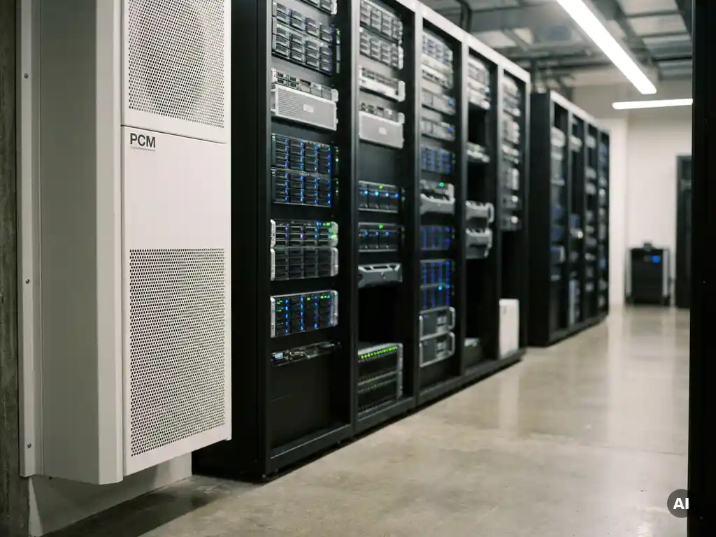Serverrackgang in modern datacenter met PCM-koeleenheid op voorgrond en rijen gloeiende apparatuur op de achtergrond.