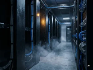 Serverrekken in een donkere datacentergang met koelmist op vloerniveau, nette kabelbeheersing en warm amberkleurig licht.