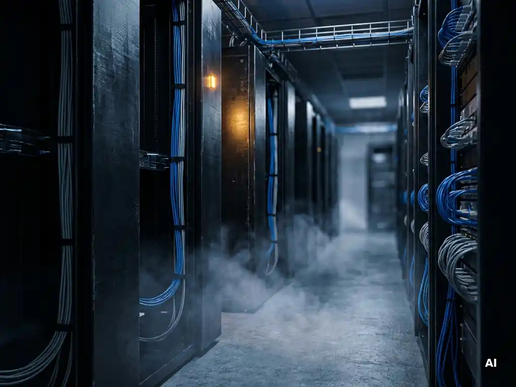 Serverrekken in een donkere datacentergang met koelmist op vloerniveau, nette kabelbeheersing en warm amberkleurig licht.
