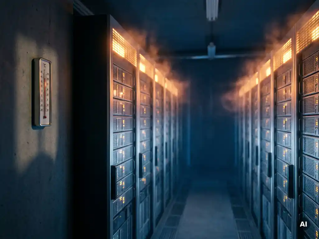 Serverrekken in een donker datacenter met zichtbare hitteschimmering en een wandthermometer, verlicht in marineblauw en warm amber.