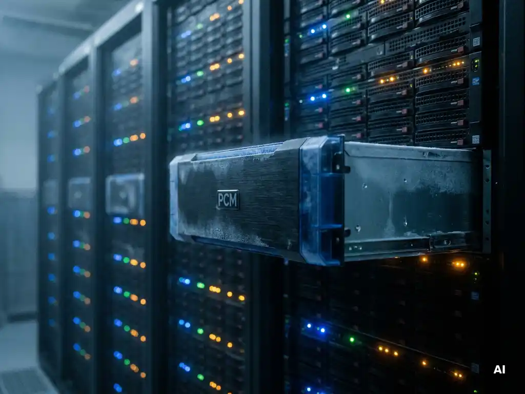 PCM-koeleenheid in serverruimte met rijden knipperende rack-servers, blauwe en zilveren tinten met amberkleurige indicatielampjes.