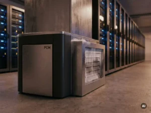 PCM-koeleenheid in serverruimte met blauwe serverrekken, condensatie op paneel zichtbaar als teken van passieve warmteabsorptie.