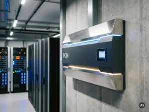 PCM-koeleenheid gemonteerd op industriële wand in moderne serverruimte, met lichtgevende apparatuurrekken op de achtergrond.