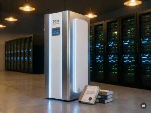 PCM Power Unit koelkast in moderne serverruimte met verlichte apparatuurrekken en officiële documenten aan de basis.