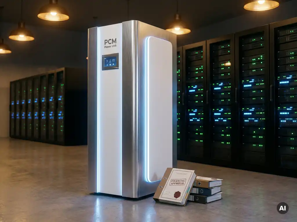 PCM Power Unit koelkast in moderne serverruimte met verlichte apparatuurrekken en officiële documenten aan de basis.