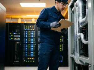 Technicus inspecteert industriële koeleenheid in serverruimte met klembord, condensatie zichtbaar op metalen oppervlakken.