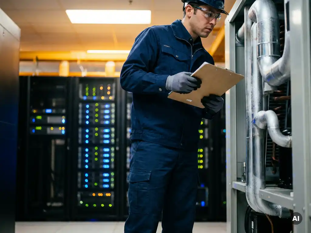Technicus inspecteert industriële koeleenheid in serverruimte met klembord, condensatie zichtbaar op metalen oppervlakken.