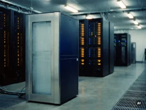 Vrijstaande koelunit in serverruimte met lichtgevende rackservers op de achtergrond en condensatie op een PCM-paneel.