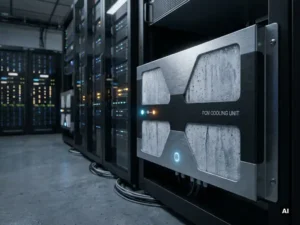PCM-koeleenheid met zouthydraatpanelen in serverruimte, omringd door blauwe serverracks met oranje indicatielampjes.