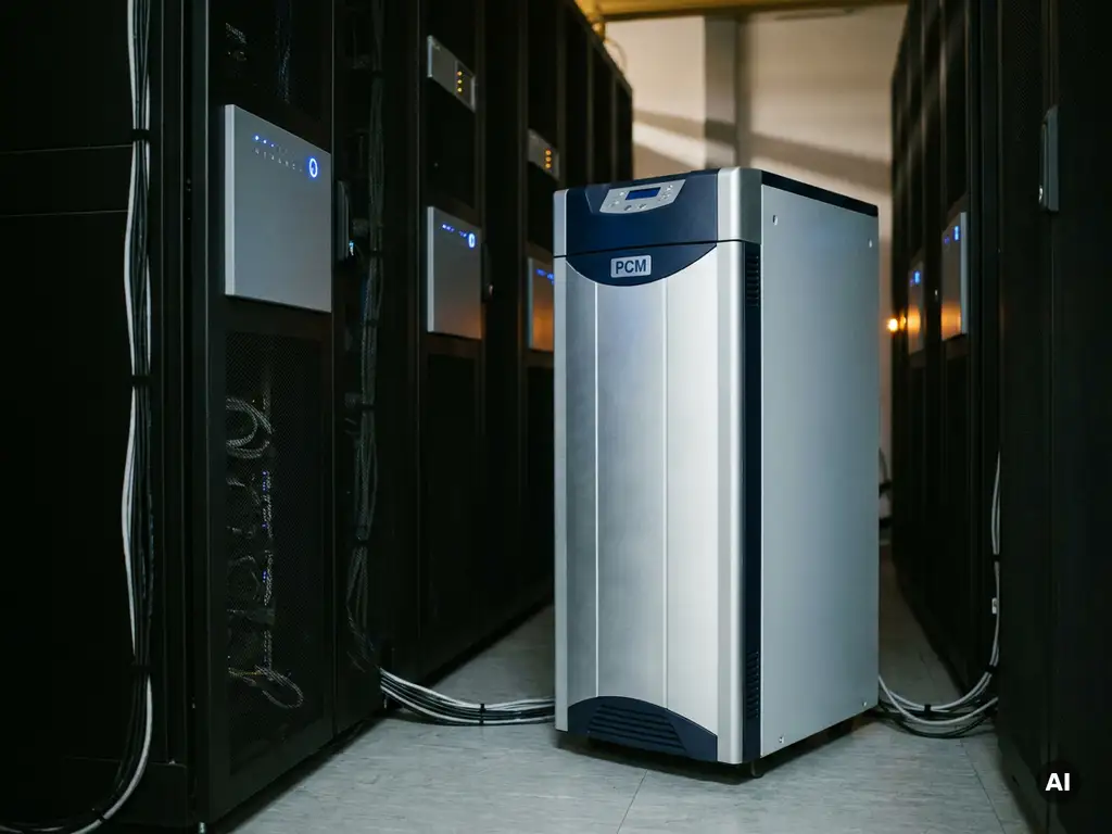 PCM-koeleenheid in een serverruimte met UPS-apparatuur, zwarte serverracks, blauwe indicatielampjes en gebundelde kabels.