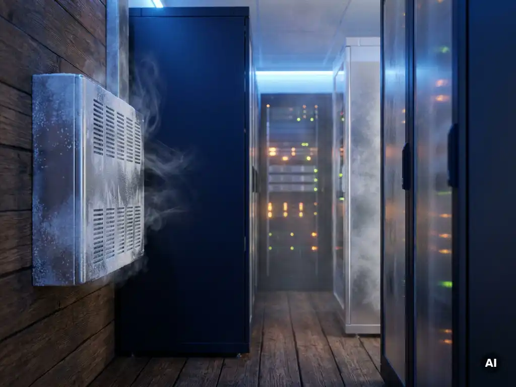 Serverrack-corridor met blauwe sfeerverlichting, ijzig koelpaneel met condensvorming en zichtbare koude lucht bij de ventilatieopeningen.