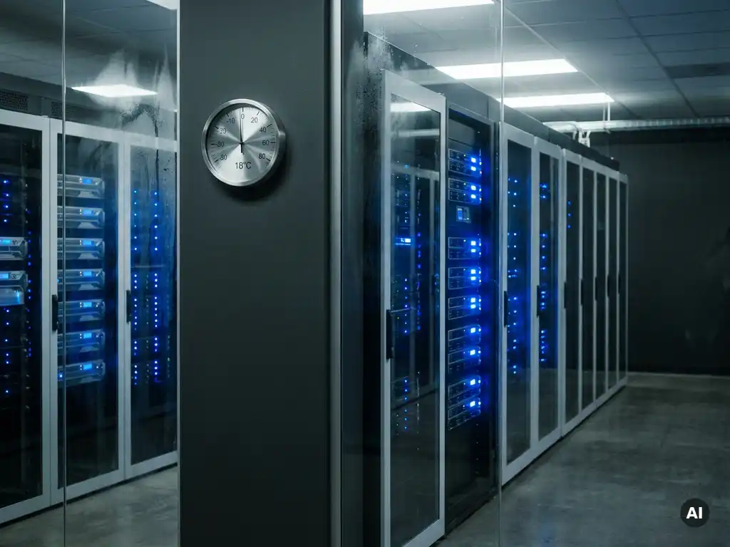 Serverracks met blauwe indicatielampjes in een klimaatgecontroleerde datacenterkamer met wandmontage temperatuurmeter.