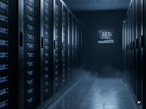 Zwarte serverracks in een koele, zwak verlichte serverruimte met een thermometer aan de muur en blauwe omgevingsverlichting.