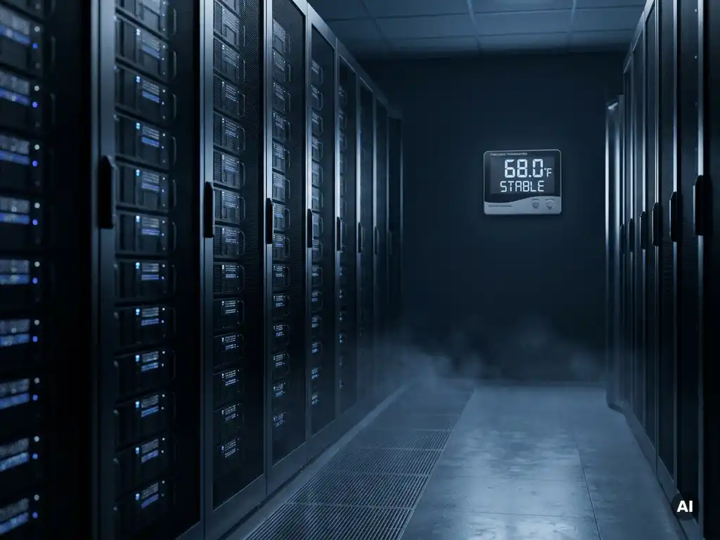 Zwarte serverracks in een koele, zwak verlichte serverruimte met een thermometer aan de muur en blauwe omgevingsverlichting.