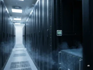 Rijen zwarte serverkasten in een gekoeld datacenterpad met zichtbare koude lucht bij ventilatiekanalen en een temperatuurprobe op ooghoogte.