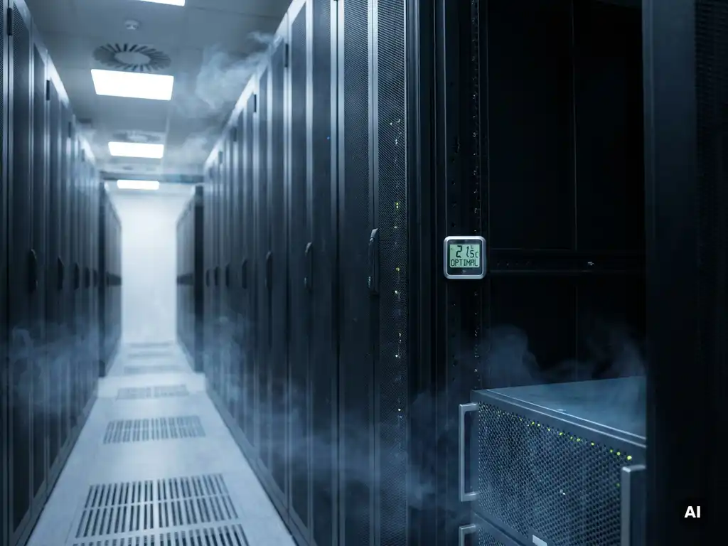 Rijen zwarte serverkasten in een gekoeld datacenterpad met zichtbare koude lucht bij ventilatiekanalen en een temperatuurprobe op ooghoogte.