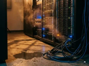 Gloeiende zwarte servers in een donkere serverruimte met hittewas, kabelchaos en condensatie op de betonvloer.