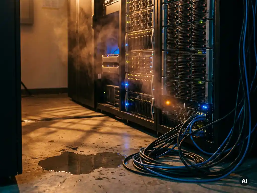 Gloeiende zwarte servers in een donkere serverruimte met hittewas, kabelchaos en condensatie op de betonvloer.