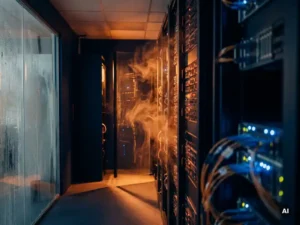 Gloeiende serverrekken in donkere datacentercorridor met oranje hittewasem, blauwe indicatielampjes en condensatie op nabijgelegen oppervlak.
