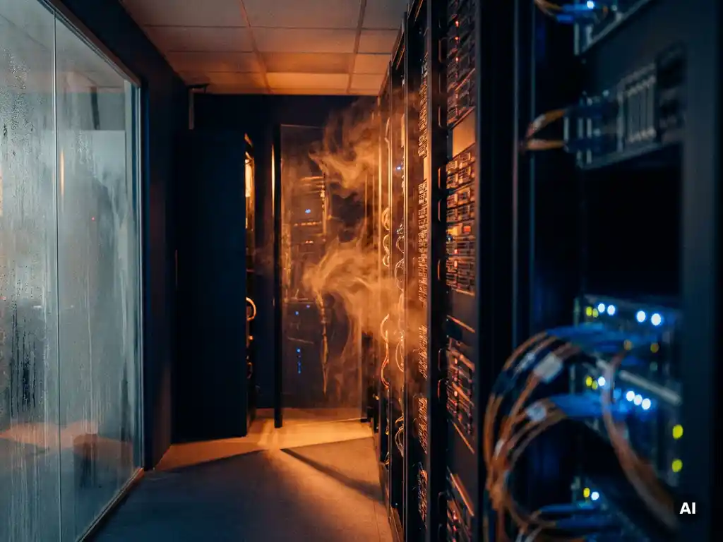 Gloeiende serverrekken in donkere datacentercorridor met oranje hittewasem, blauwe indicatielampjes en condensatie op nabijgelegen oppervlak.